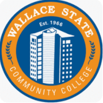 A blue and orange logo for wallace state community college.